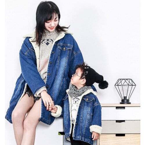 Mommy And Me Winter Warm Thicken Add Fur Jacket Family Matching Outfits Mother Girls Boys Long Denim Coat Family Look Clothing