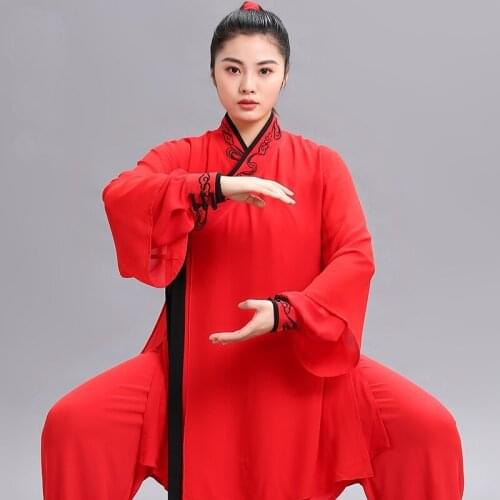 Red Tai Chi Uniform Hanfu Martial Arts Uniform Chinese Traditional Folk Costume Embroidery Kung Fu Suit Morning Sportswear T2056
