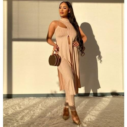 VAZN 2021 Top Quality Knit Europe And America Novelty Young Sexy One Off Shoulder Long Pencil Pants Skinny Women 2 Piece Set