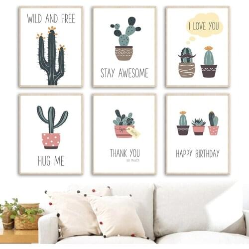 Green Plants Cactus Flower Potted Quote Wall Art Canvas Painting Nordic Posters And Prints Wall Pictures Baby Kids Room Decor