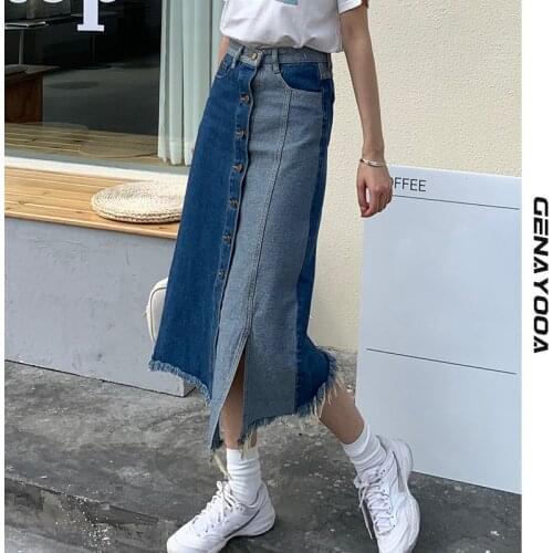 Genayooa Patchwork Demin Skirt With Splits Streetwear High Waist Midi Pencil Long Skirt Women Irregular Jeans Skirt Korean Style