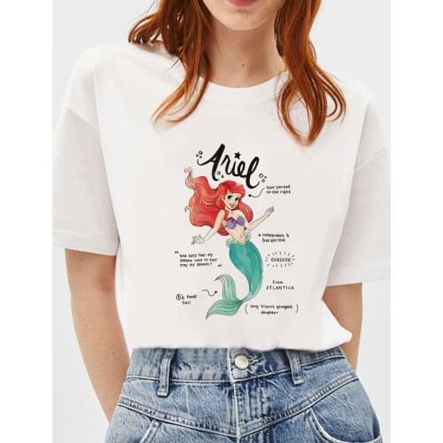 Disney Princess T Shirt For Women Summer Short Sleeve Casual White O-neck Tshirts Harajuku Ariel The Little Mermaid Printed Tees