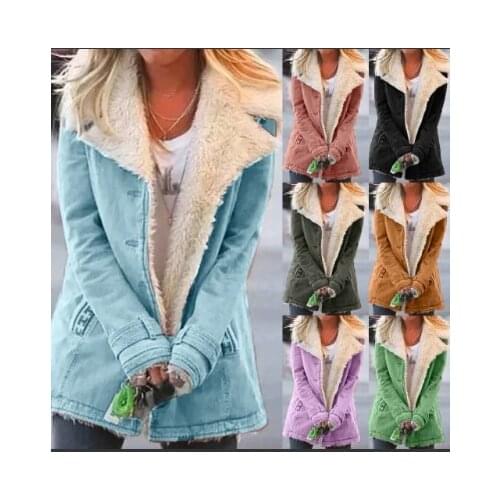 Women 's Clothing Autumn and Winter Plus Velvet Thick Warm Cotton Jacket Solid Color Long Sleeve Coat Female