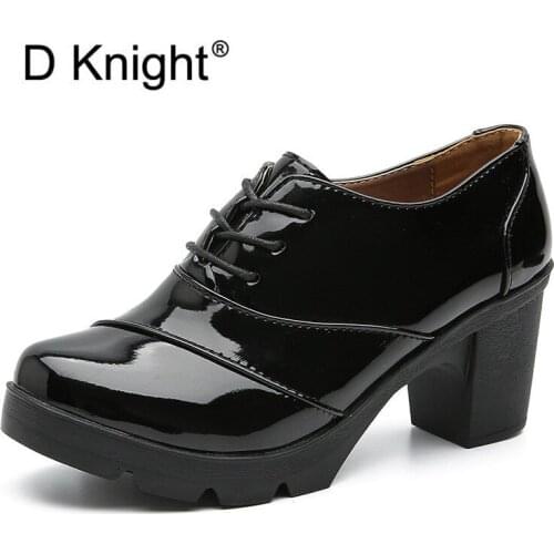 Large Size 34-43 Oxford Pumps Shoes For Woman Patent Leather Thick High Heels Women Shoes Vintage Ladies platform Brogues Shoes