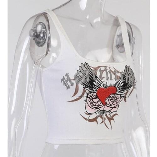 2021 New Women Sexy Square Neck Crop Top Harajuku Love Heart Wing Print White Slim Vest Gothic Punk Ribbed 90s Sleeveless Shirts