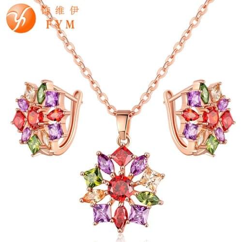 FYM Luxury Anniversary Colorful Zircon Jewelry Sets For Women Rose Gold color inlay CZ Pendant Necklace & Earrings Jewelry Sets