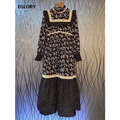 High Quality New 2020 Autumn Winter Long Dress Women Stand Neck Vintage Floral Print Appliques Lace Patchwork Long Sleeve Dress