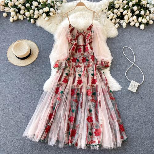 Summer Womens Prom Dress French Palace Style Embroidery Mesh Stitching Puff Sleeve Dress New Waist Casual Female Dresses FC064