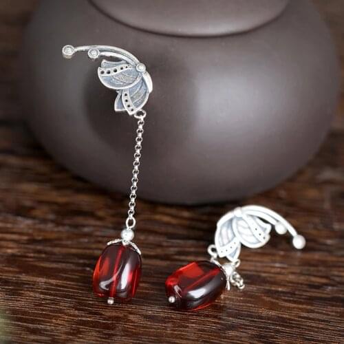 S925 sterling silver retro female personality natural blood amber temperament national wind ear free shipping