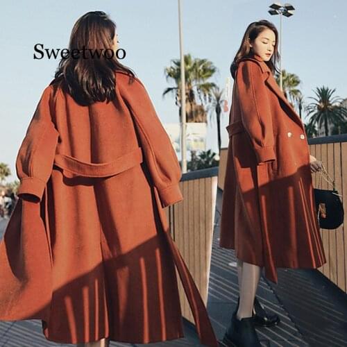 2020 Autumn Winter Woolen coats Women Lantern Sleeve Wool&blends Long Woolen Coat Casual Loose Wool Jacket Female Outwear