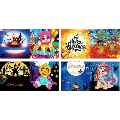 4pcs Diamond Painting Greeting Card Halloween Themed Diamond Cross-stitch Crystal Embroidery Gift Card