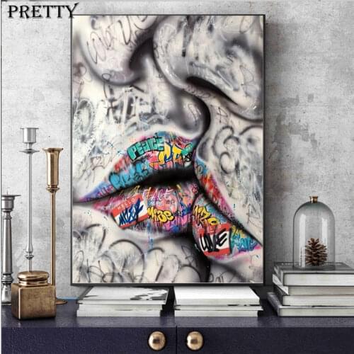 Abstract Graffiti Wall Art Canvas Painting Lover Kiss Lips Posters Show Teeth Lips Wall Picture Modern Living Room Poster