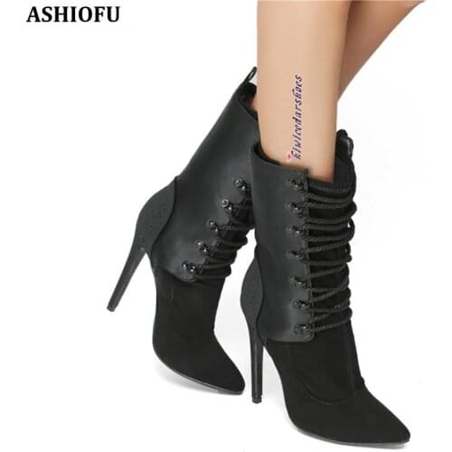 ASHIOFU New Handmade Ladies High Heel Boots Cross Lace-up Party Prom Ankle Boots Sexy Evening Club Fashion Winter Boots Shoes