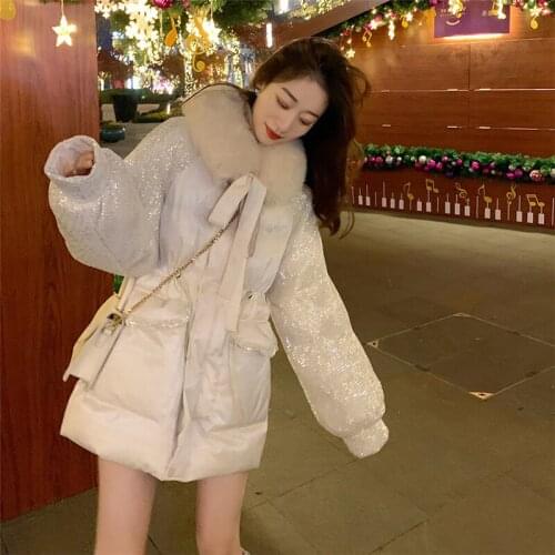 White Ladies Cotton Jacket New Winter Loose Mid-Long Waist Waist Cotton Jacket Overcome