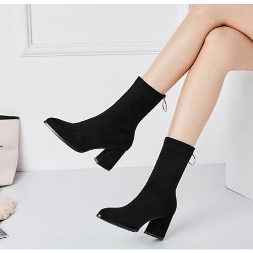 Black mid-calf flock Chelsea booties pointed toe thick heels back zip socks boots women single/plush slim riding botas all match