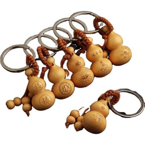 Hot Chinese Traditional Good Luck Gourd Keychain Cute Mini Peach Wood Key Ring Wishful Lucky Pendant Car Keys Ornaments Gifts
