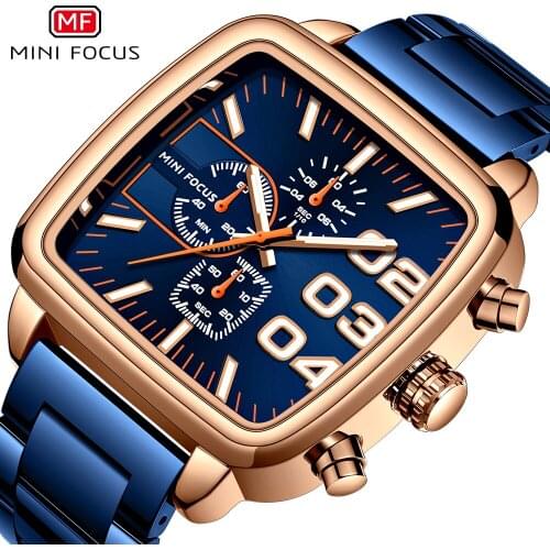 MINI FOCUS Fashion Mens Watches Luxury Brand Stainless Steel Chronograph Leisure Blue Quartz Waterproof Luminous Wrist Watch