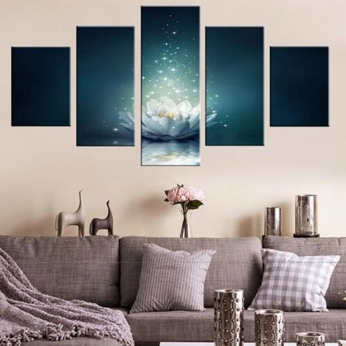 Wall Art Home Decor Framework Canvas 5 Pieces White Lotus Flower Abstract Pictures Paintings For Living Room HD Prints Poster