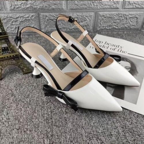 2021 new high heels, one-strap Sandals, Baotou bow, patent leather, pointy shoes