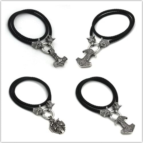 Odin Raven Wolf Trinity Symbol Thor Hammer Mjolnir Pendant Stainless steel Wolf Head Leather Chain Mens Necklaces Pagan Talisman