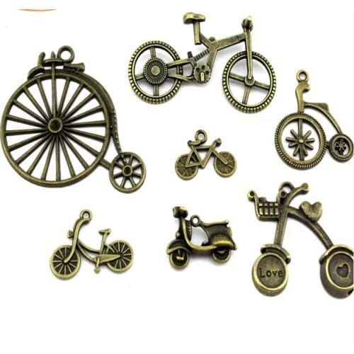 Wholesale 20sets 140pcs Vintage Bike Pendants DIY JEWELRY CRAFT Diy Accessories 7 patterns Cycle Bead Charm Brown Necklace