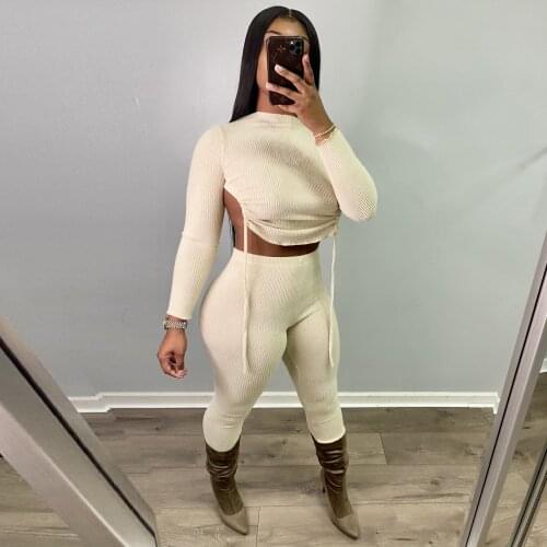 Autumn 2021 Fashion Womens Two Piece Outfit Sexy Backless Drawstring Pleated Split Nightclub Pants Tracksuit Jogger Set