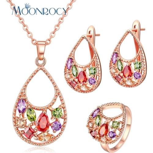MOONROCY Rose Gold Color Colourful CZ Crystal Necklace Earrings and Ring Jewelry Set for Women Drop Shipping Jewelry Waterdrop