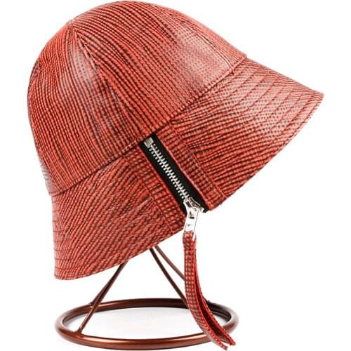 Novelty Korean Harajuku Women Genuine Leather Bucket Hats Female Zipper Candy Color Basin Caps Mujer Strip Fishing Gorra 54-59cm