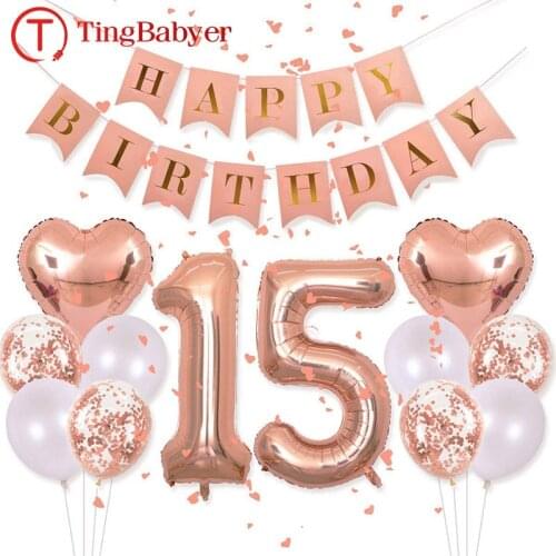 Rose Gold Number 15 Foil Balloons 15th Year Happy Birthday Party Decorations Boy Girl Kids Fifteen Anniversary Globos Supplies