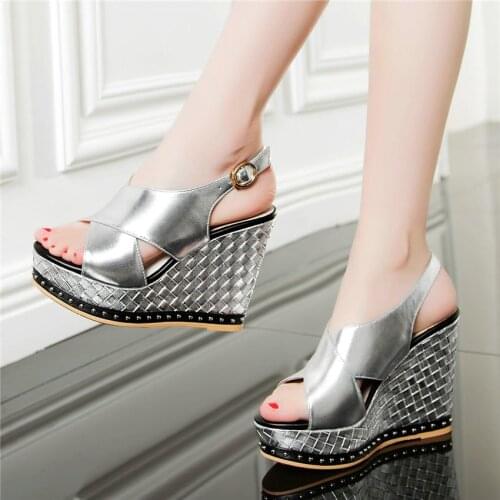 2020 Women Genuine Leather Wedges High Heel Roman Gladiator Sandals Back Strap Platform Summer Party Pumps Open Toe Casual Shoes