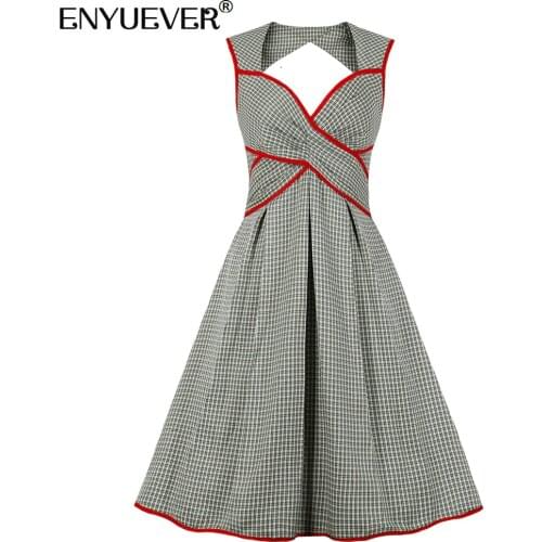 Enyuever Sexy Women Summer Dresses Sleeveless Red Green Plaid Backless V Neck High Waist Bowknot Robe Pin Up Casual Dress