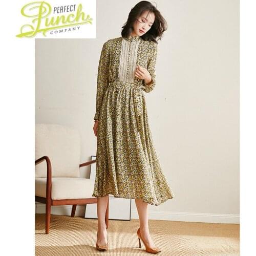 Silk Women Elegant 100% Spring Summer Floral Dress Female Korean Vintage Long Sleeve Beach Vestidos Casuales L0794 KJ