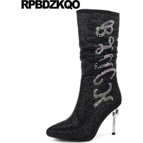 Metal Heel Boots Diamond Big Size Faux Fur Shoes Mid Calf Black Pointed Toe Sheepskin High Women Wedding Sparkly Stiletto Bling