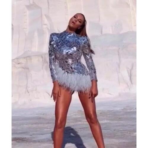 High Quality Sparkly Silver Mirrors Feather Bodysuit Womens Bar Birthday Celebrate Outfit Singer Prom Women Dancer Show Wear