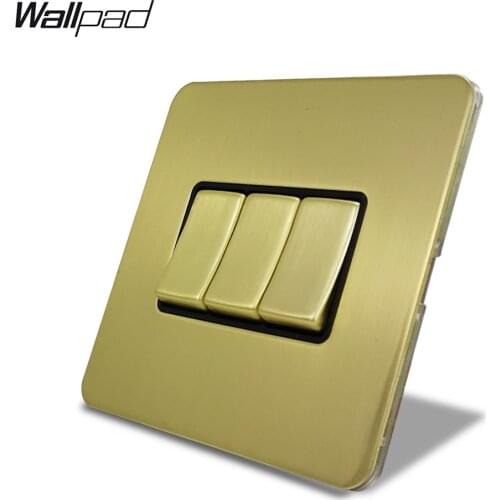 Wallpad Satin Gold 3 Gang 1 Way or 2 Way Electric Wall Light Rocker Switch Brushed Brass Stainless Steel Panel Metal Button