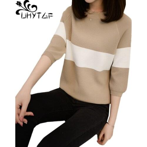 UHYTGF Ice silk t-shirt women Loose half-sleeve Knitted autumn top Fashion O neck stripe pullover elegant short tshirt women 355