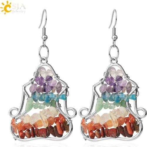CSJA Healing 7 Chakra Yoga Natural Stone Earrings for Women Trend 2021 Silver Color Chip Beads Crystal Earring Summer Reiki G712