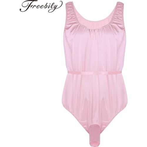 2018 Sexy Gay Mens One-Piece Shiny Satin Sissy Lingerie Sleeveless Open Sheath Sissy Pouch Body Suit Nightwear Sleepwear