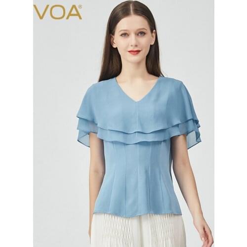 VOA Silk 30mm Heavyweight Bamboo Moon Blue V-neck Sleeveless Ruffled Craftsmanship Georgette Stitching Streamer T-shirt BE767