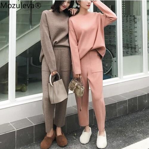 Mozuleva 2021 Winter Casual Sweater Tracksuits O-neck Long Sleeve Jumpers & Elastic Waist Pants Female Knitted 2 Pieces Set