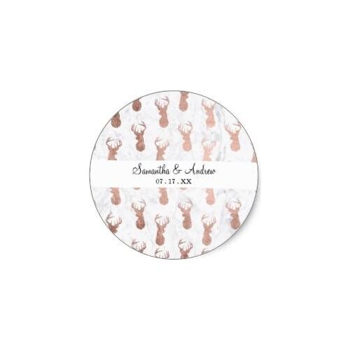 3.8cm Modern faux rose gold deer pattern white marble classic round sticker