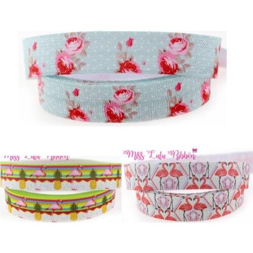 5/8"16mm cartoon flamingo animal printed fold over elastic ribbon diy handmade hair bows party decoration 50 yards MD7167