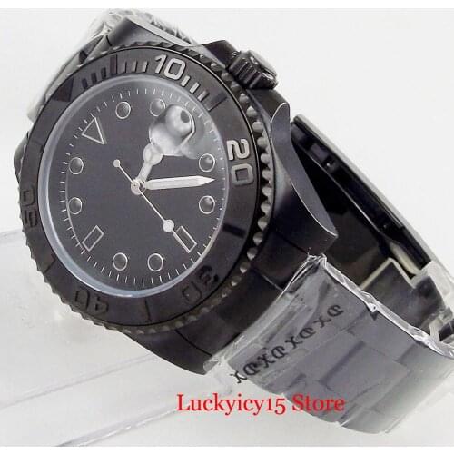 BLIGER Men Watch PVD Watch Case 40mm Round Wristwatch Black Sterile Dial Sapphire Glass Date Window Bracelet Clasp