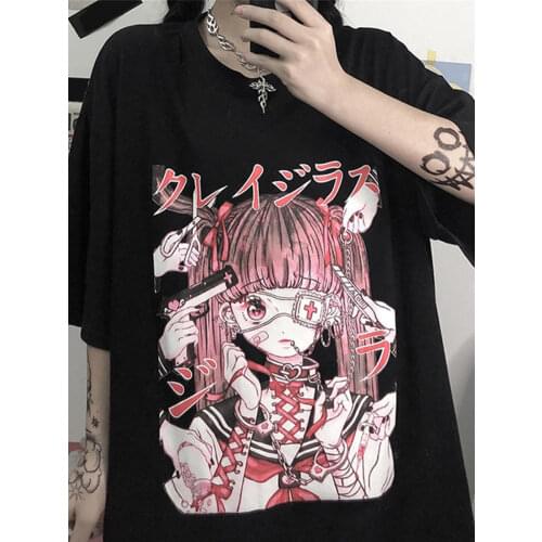 Black Japan T shirt Women Harajuku Hip Hop Kawaii T-Shirts Female Casual Cartoon Women Tops Fashion Oversized Amine Tops Shirt