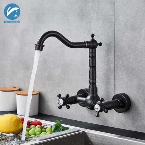 Blacken Bronze Wall Mounted Kitchen Sink Faucet Cold Hot Water Outlet Dual Handle Universal Rotation Kitchen Faucet Mixer Taps