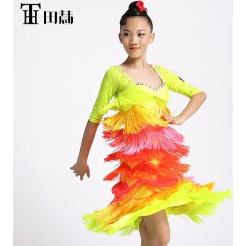 Childrens performance tassel latin dance dress for girls latin dancing Half sleeves dress kid party clothes dress dancers show