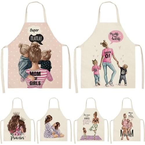 1Pcs Parent-child pattern Cleaning Art Aprons Home Cooking Kitchen Apron Cook Wear Cotton Linen Adult Bibs 53*65cm WQ0139