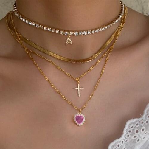 Flatfoosie 4Pcs/set Rhinestones Cross Letter Choker Necklace Women Pink Crystal Heart Pendant Flat Chain Necklace Sets Jewelry