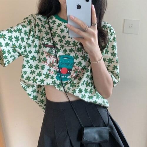 2021 Rows, No.5 Middle) Non Real Shot Net Red Picture Round Neck Small Flower Color Matching Short Sleeve Knitted T-shirt 30