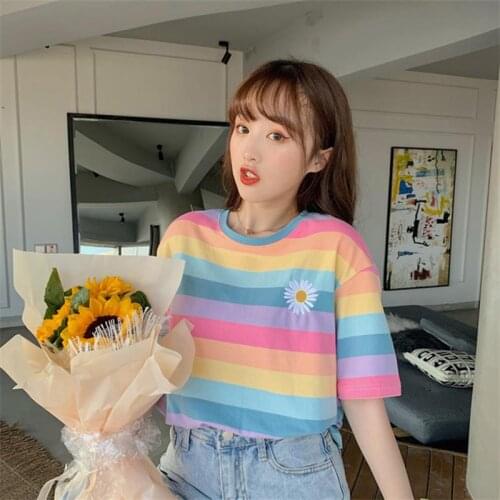 Womens T-shirts Tops Japanese Kawaii Ulzzang Rainbow Striped Daisy Embroidered Loose T-shirt Female Harajuku Clothes For Women